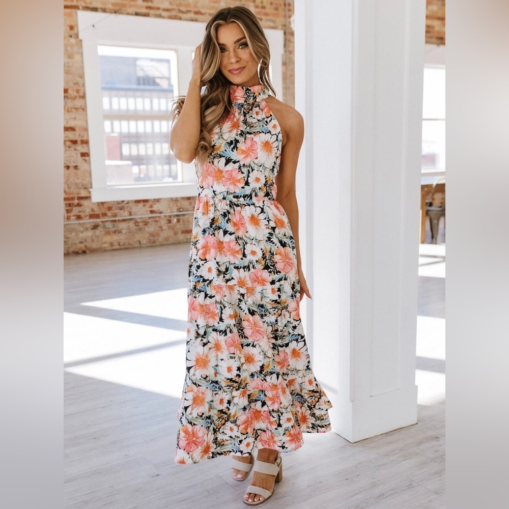 Floral Ruffle Halter Maxi Dress Floral Boho Tie Neck Dress